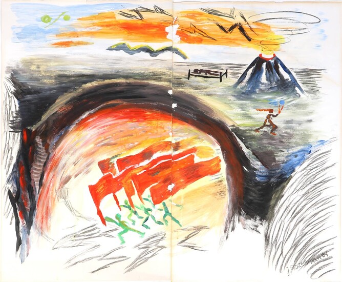Jehoshua Rozenman (1955-), Composition with volcano, mixed media, 2-panel, dated...
