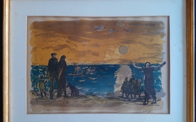 Jens Søndergaard: Coast scenery. Signed in print Jens Søndergaard 52. Lithograph in colours. 57×74 cm.