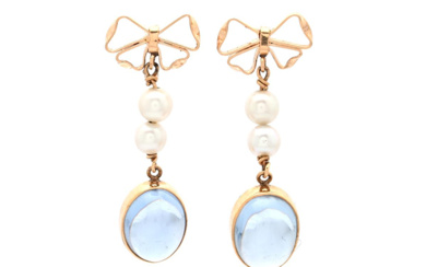 Jewellery Earrings EARRINGS, 18K gold, cabochon cut aquamarines, cultured pearl...
