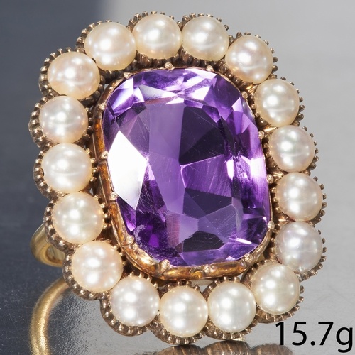 LARGE AMETHYST AND PEARL CLUSTER RING, High carat gold. Larg...