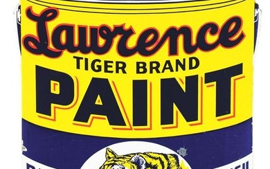 LAWRENCE TIGER BRAND PAINT AND VARNISH PORCELAIN SIGN W/ TIGER GRAPHIC.