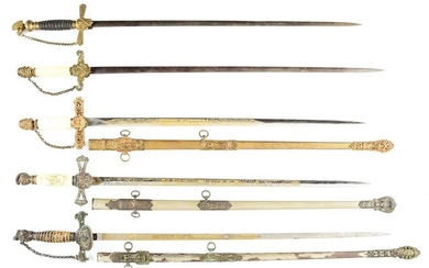 LOT OF 5: AMERICAN FRATERNAL SWORDS, 3 WITH GOLD WASHED
