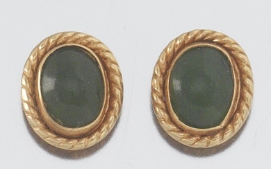 Ladies' Pair of Gold and Spinach Green Nephrite Jade Studs
