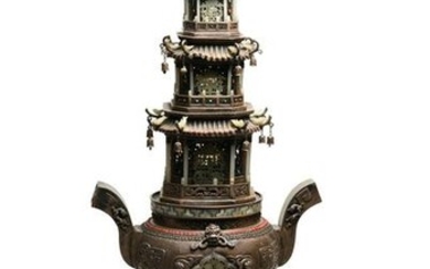 Large Mongolian Silver Censer with Jade, Coral and MOP