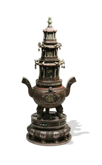 Large Mongolian Silver Censer with Jade, Coral and MOP