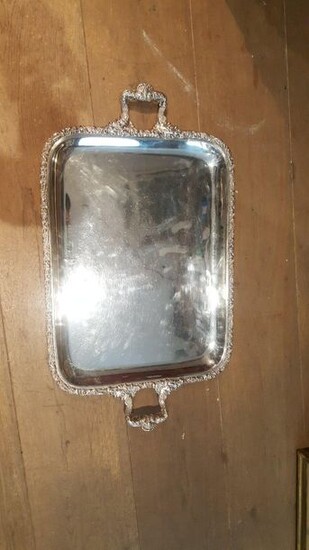 Large rectangular tray with silver plated metal handles,...