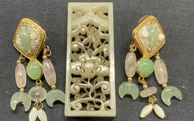 Lot 2 Jade Pendant, Gold Tn Green & Pink Earrings