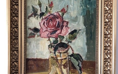 Ludvig Jacobsen: Still life with rose in a vase. Signed Ludvig Jacobsen. Oil on canvas. 44.5×32 cm. Frame 59×47.5 cm.