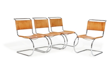Ludwig Mies van der Rohe: A set of four cantilever armchairs with chromium-plated metal frames, seat and back with cognac coloured leather. (4)