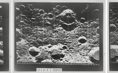 [Lunar Orbiter V] 3-part panorama over the farside terminator; high resolution frame...