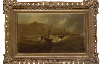 [M] ENGLISH SCHOOL (MID 19TH CENTURY) - A PADDLE TUG TOWING A WRECK OFF WHITBY ABBEY; A SHIP IN DISTRESS OFF A ROCKY HEADLAND WITH LIGHTHOUSE