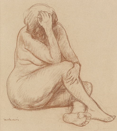 MAHONRI YOUNG Seated Nude. Red crayon on reddish orange wove paper. 430x435 mm;...