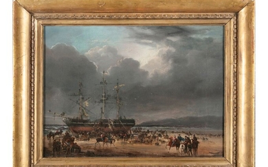 MANTEAU DE PHILIPPE DE LOUTHERBOURG (1740-1812) Troupes débarquant d'un sloop échoué ; Hulk sur une...
