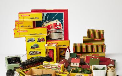 MODEL RAILWAY, Faller and mostly Trix, house, locomotive, carriages and transformer, partly in original carton.