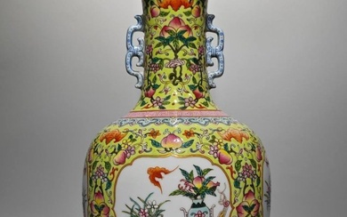 Made in the Qianlong Period of the Qing Dynasty, a yellow-ground famille rose-colored amphora