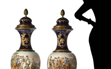Magnificent Large Pair of 19th C. Sevres Porcelain Gilt Bronze Mounted Urns