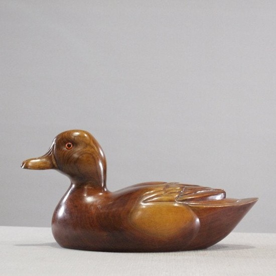 Mahogany Wood Carved Duck Decoy Signed on Base