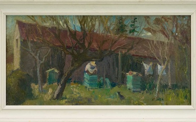 *Margaret Thomas (1916-2016) oil on board - The Beekeeper, 29cm x 60cm, New English Art Club exhibition label verso, framed