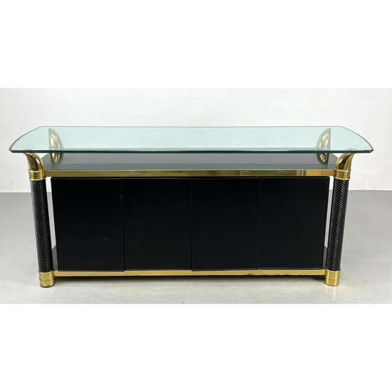 Mastercraft Style Glass Top Sideboard Credenza. Black Lacquer.