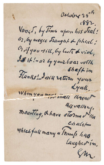 Meredith (George, novelist and poet) Autograph Postcard initialled "GM" to Sir Frederick Pollock, 1882, with an original poem unpublished until 1950 (2).