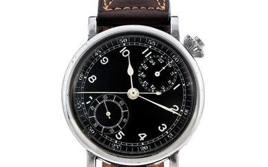 Meylan. A Very Rare and Important Oversized Asymmetrical Chrome Plated Single Button Chronograph Pilots Watch Made For the U.S. Army