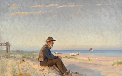 Michael Ancher: A fisherman from Skagen sitting on the beach in the afternoon sun. Signed M. A. Oil on canvas. 78×94 cm.