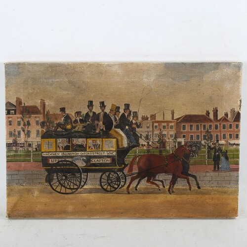 Mid-20th century oil on canvas, London omnibus, unsigned, 28...