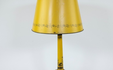 Mid-century yellow and black transfer-tole lamp, column and base decorated with English figural landscapes, matching metal shade with grape motif