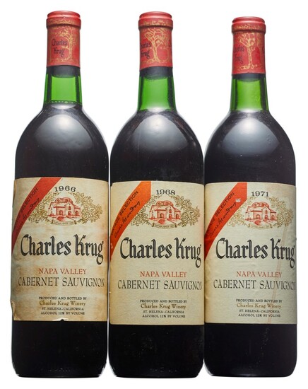 Mixed Charles Krug, Vintage Selection Cabernet Sauvignon, Charles Krug, Vintage Selection Cabernet Sauvignon 1966 Worn capsules, bin-soiled and slightly damaged labels Levels one into neck and two top shoulder (3) 1968 One corroded capsule, slightly...