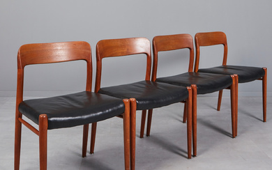 NIELS OTTO MØLLER. for JL Møllers, four chairs/dining room chairs, model '75', teak, leather, 1960s, Denmark (4).