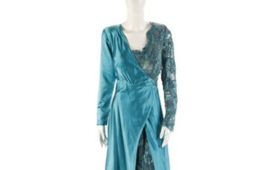 Autore non identificato, Long turquoise and petrol green embroidered silk dress.