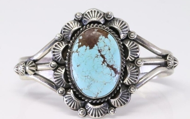 Native American Navajo Handmade Sterling Silver Turquoise Bracelet By Gilbert Tom.