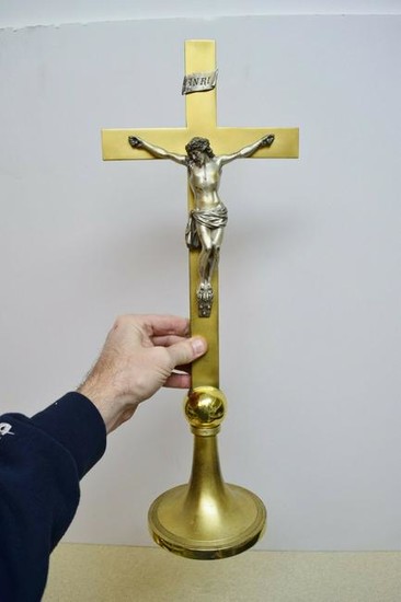 Nice Antique Brass Altar Cross + 21" ht. + chalice co.