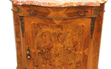 Nice French style side cabinet with inlay, marble top and key