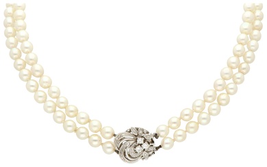 No Reserve - Two-row cultivated pearl necklace set with 14K white gold clasp with approx....