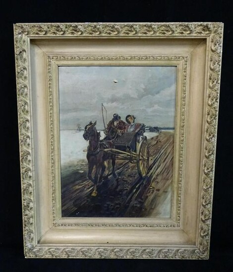 OIL ON BOARD CANVAS HORSE & BUGGY RIDE WITH CARVED