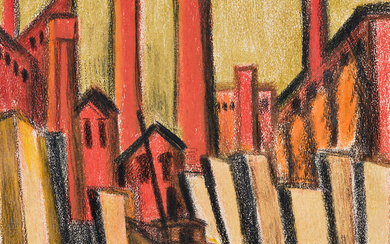 OSCAR BLUEMNER Three industrial scenes. Paterson Mills, color pencils and pencil on beige...