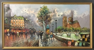 Oil on canvas: Parisian street scene. Framed.