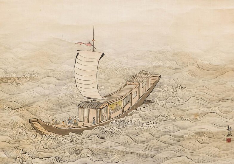 Old Japanese Junk Ship Ink on Silk Scroll Painting