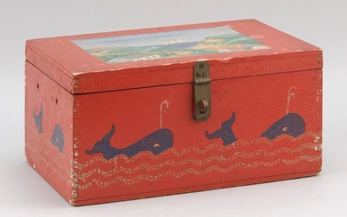 PAINTED PINE BOX Red ground, with a landsape depicting houses in the dunes on the top, and spouting whales on three sides. Height 6"...