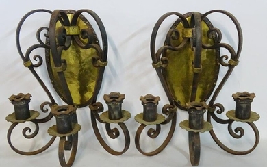 PAIR OF BRASS MOUNTED WROUGHT IRON 3 LIGHT SCONCES 19"