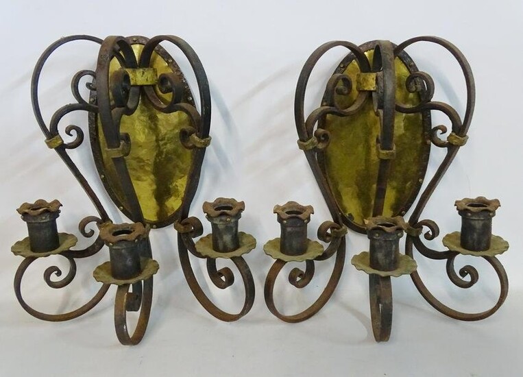 PAIR OF BRASS MOUNTED WROUGHT IRON 3 LIGHT SCONCES 19"