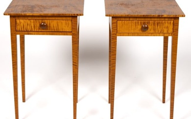 PAIR OF DAVE BURTCHELL FEDERAL-STYLE TIGER MAPLE SPLAY-LEG STAND TABLES