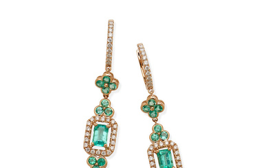 PAIR OF EMERALD AND DIAMOND PENDENT EARRINGS