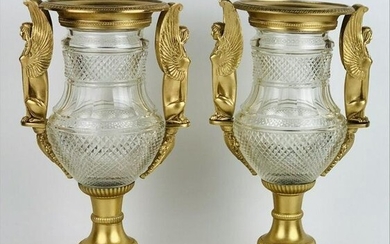 PAIR OF EMPIRE STYLE DORE BRONZE MOUNTED BACCARAT VASES