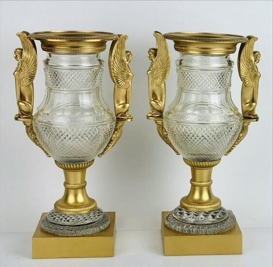 PAIR OF EMPIRE STYLE DORE BRONZE MOUNTED BACCARAT VASES