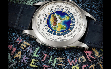PATEK PHILIPPE. A RARE AND ATTRACTIVE 18K WHITE GOLD AUTOMATIC WORLD TIME WRISTWATCH WITH CLOISONNÉ ENAMEL DIAL REF. 5131G, CIRCA 2011