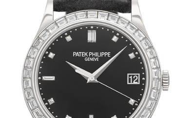 PATEK PHILIPPE. A RARE PLATINUM AND BAGUETTE-CUT DIAMOND-SET AUTOMATIC WRISTWATCH...
