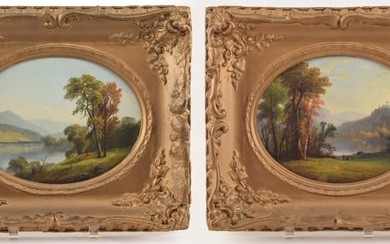 Pair 19th century Hudson River school paintings. Oval landscapes with figures. Oil on paper board.