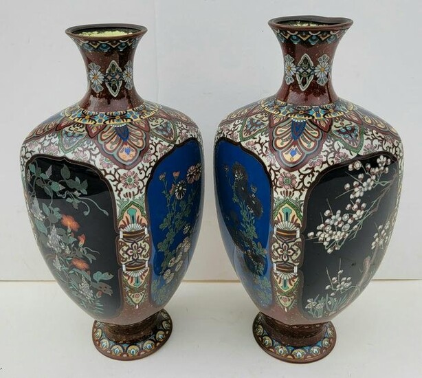 Pair Large Brown Chinese Cloisonne Vases